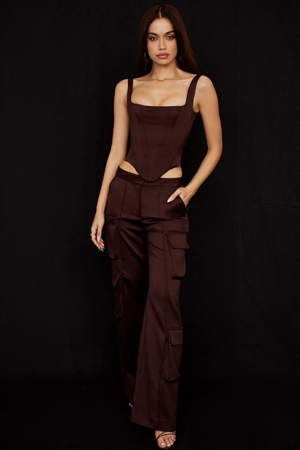 Daria Chocolate Satin Cargo Trousers Product Image