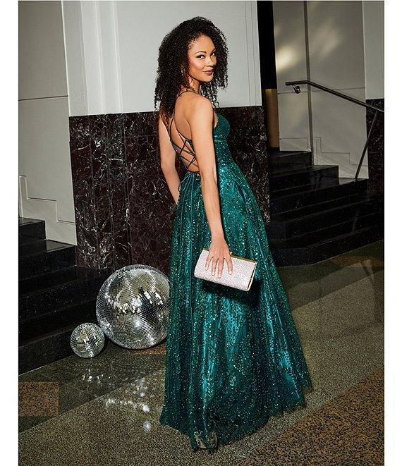 Blondie Nites Glitter Leaf Print Sweetheart Pinch Neck Tie Back A-Line Ball Gown Product Image