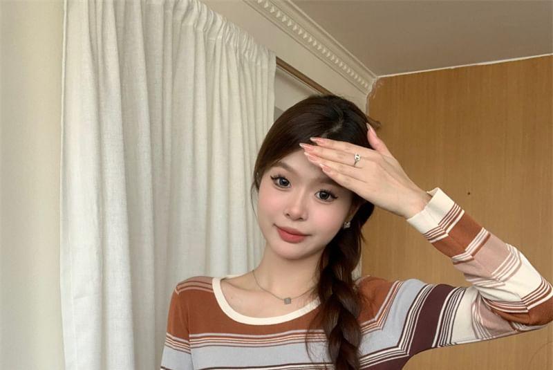 Long Sleeve Crew Neck Striped Drawstring T-Shirt Product Image