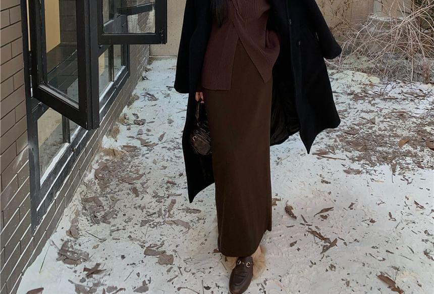 Long Sleeve V-Neck Plain Twist Ribbed Knit Top / High Waist Plain Maxi Pencil Skirt Product Image