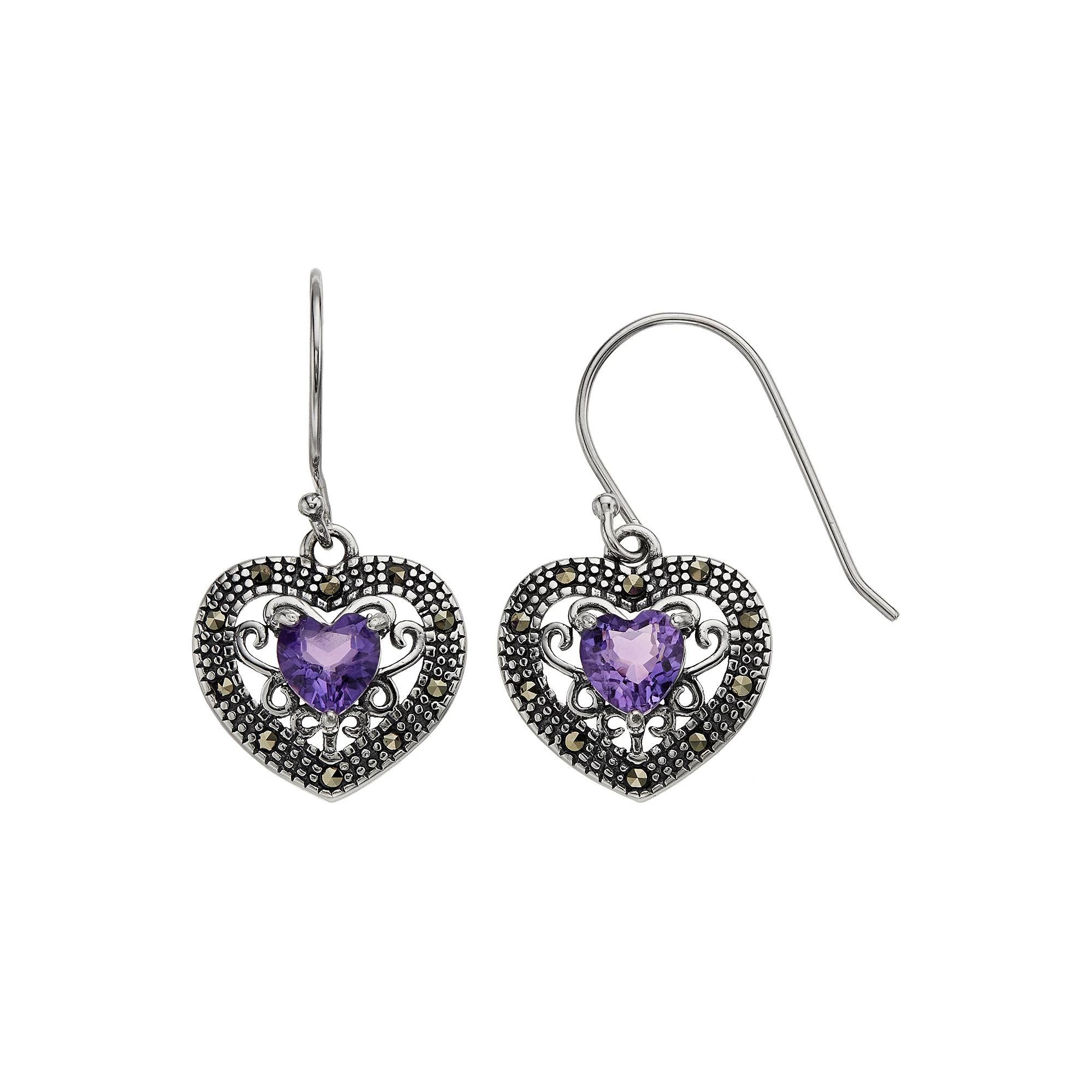 Tori Hill Sterling Silver Amethyst & Marcasite Heart Earrings, Women's Product Image