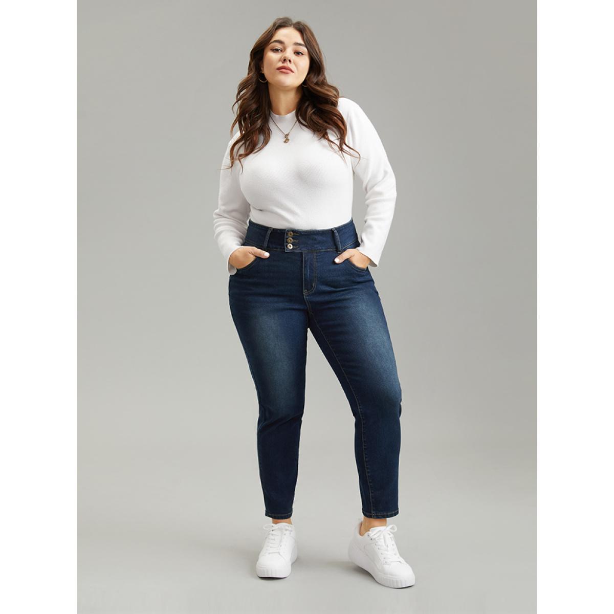 Plus Size Button Down Pocket High Rise Dark Wash Jeans Women Indigo Casual Plain Plain High stretch Pocket Jeans BloomChic 22/3X Product Image
