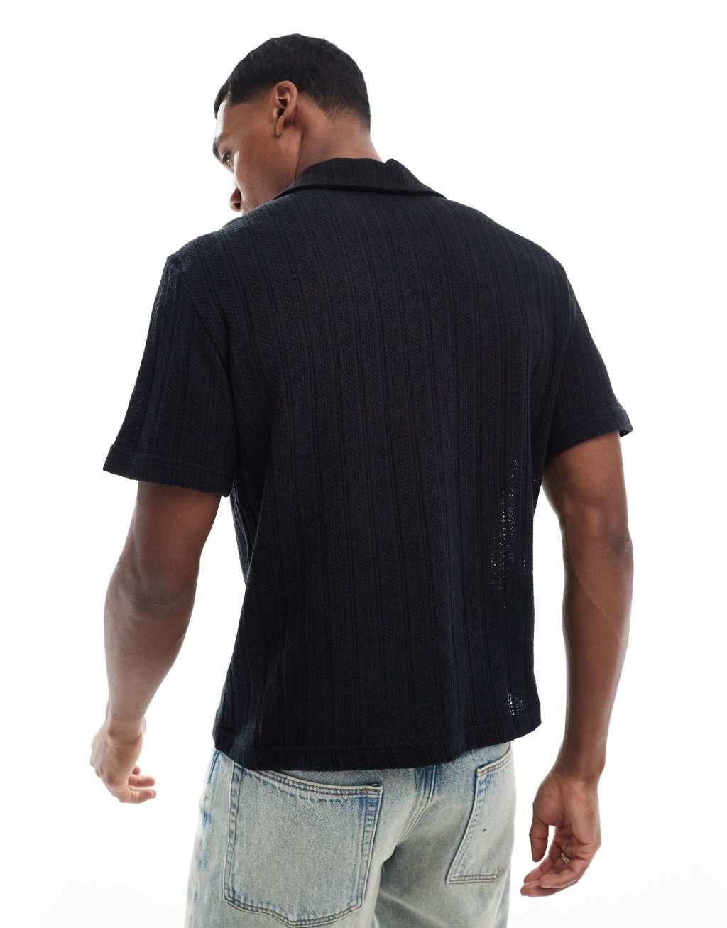 Pull&Bear knit polo shirt in black Product Image