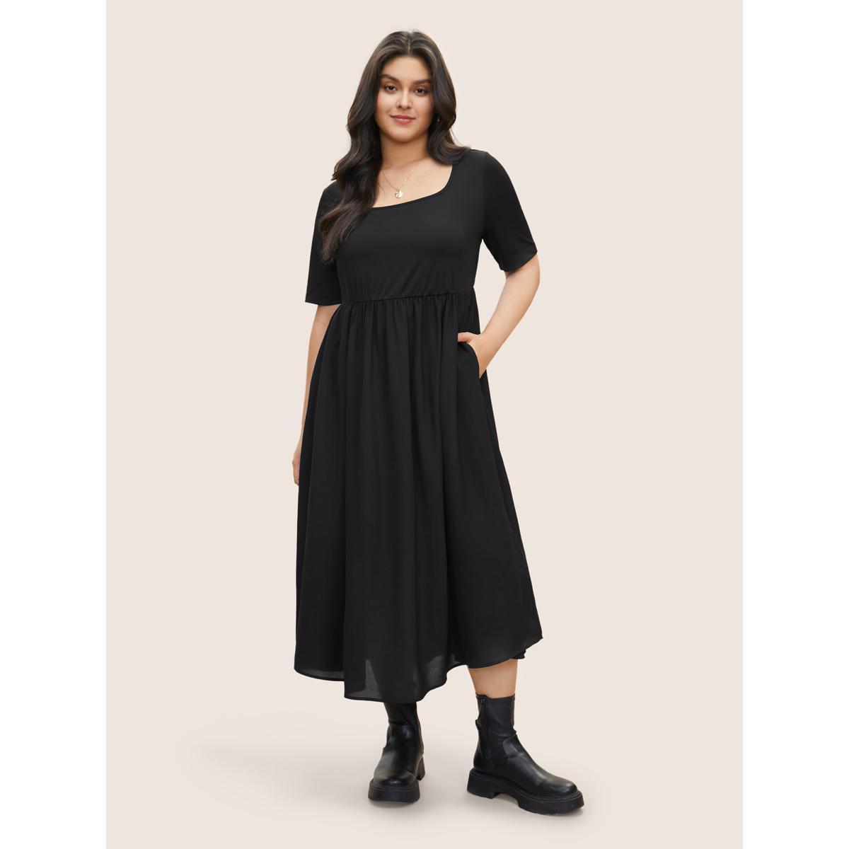 Plus Size Plain Square Neck Gathered Elastic Waist Dress Black Women Casual Non Square Neck Short sleeve Curvy Midi Dress BloomChic 28/5X Product Image