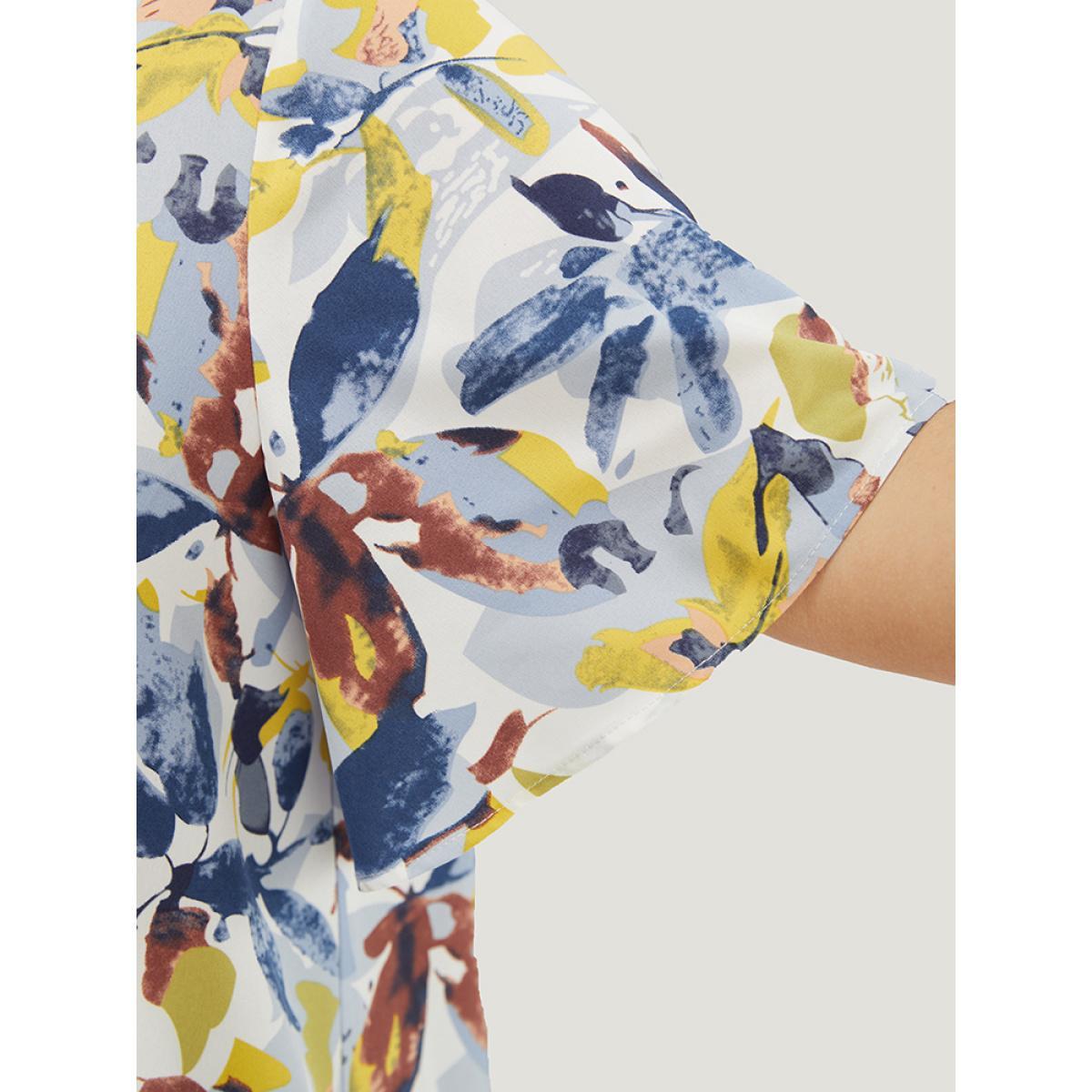 Plus Size Stone Plant Print Ruffle Sleeve Lace Fringe Hem Blouse Women Elegant Short sleeve Round Neck Dailywear Blouses BloomChic 12/L Product Image