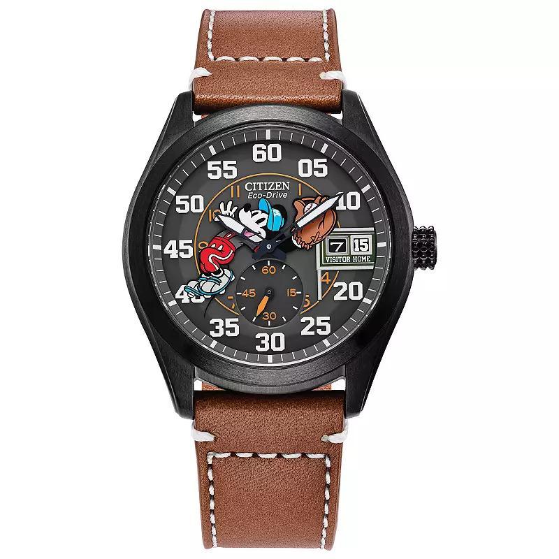 Disneys 100th Anniversary Mickey Mouse Mens Eco-Drive Batters Up Brown Leather Strap Watch by Citizen - BV1089-05W Product Image