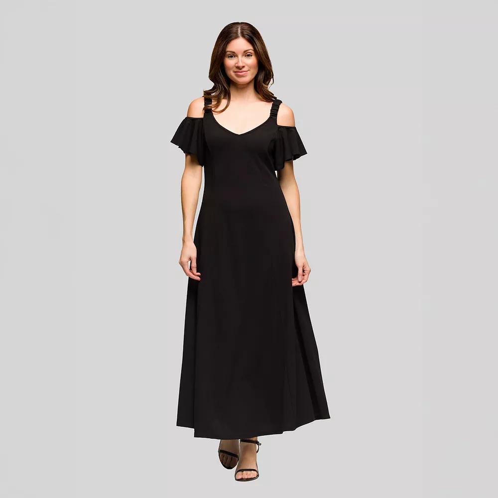 Women's 24Seven Comfort Apparel Cold Shoulder Ruffle Sleeve A-Line Maxi Dress, Size: 1XL, Blue Product Image