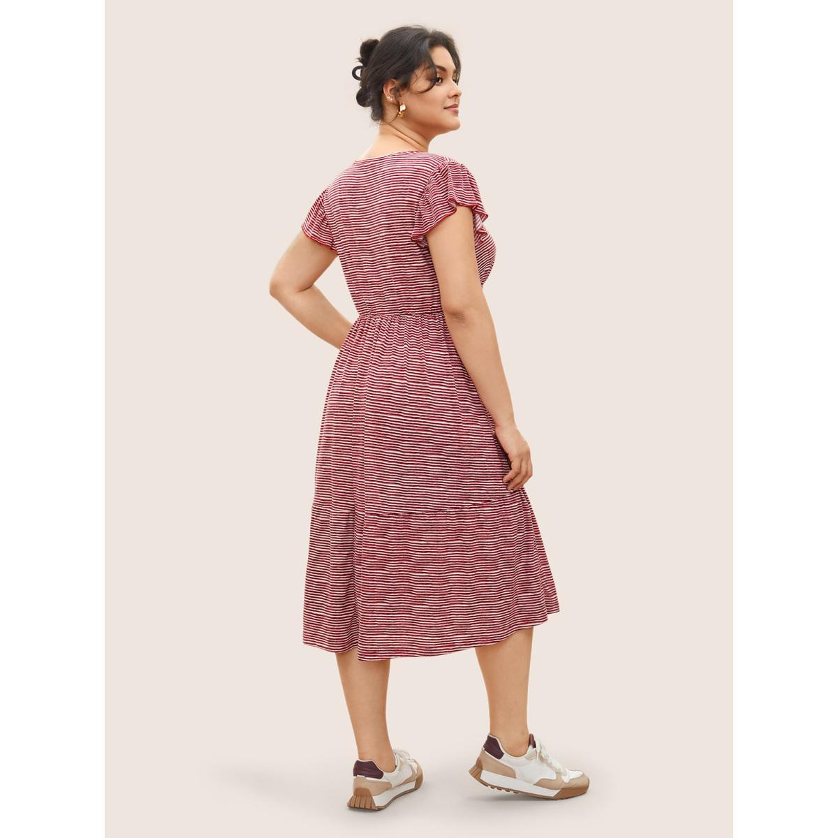 Plus Size Striped Surplice Neck Ruffle Cap Sleeve Dress Russet Women Casual Non Overlap Collar Cap Sleeve Curvy Midi Dress BloomChic 22-24/3X Product Image