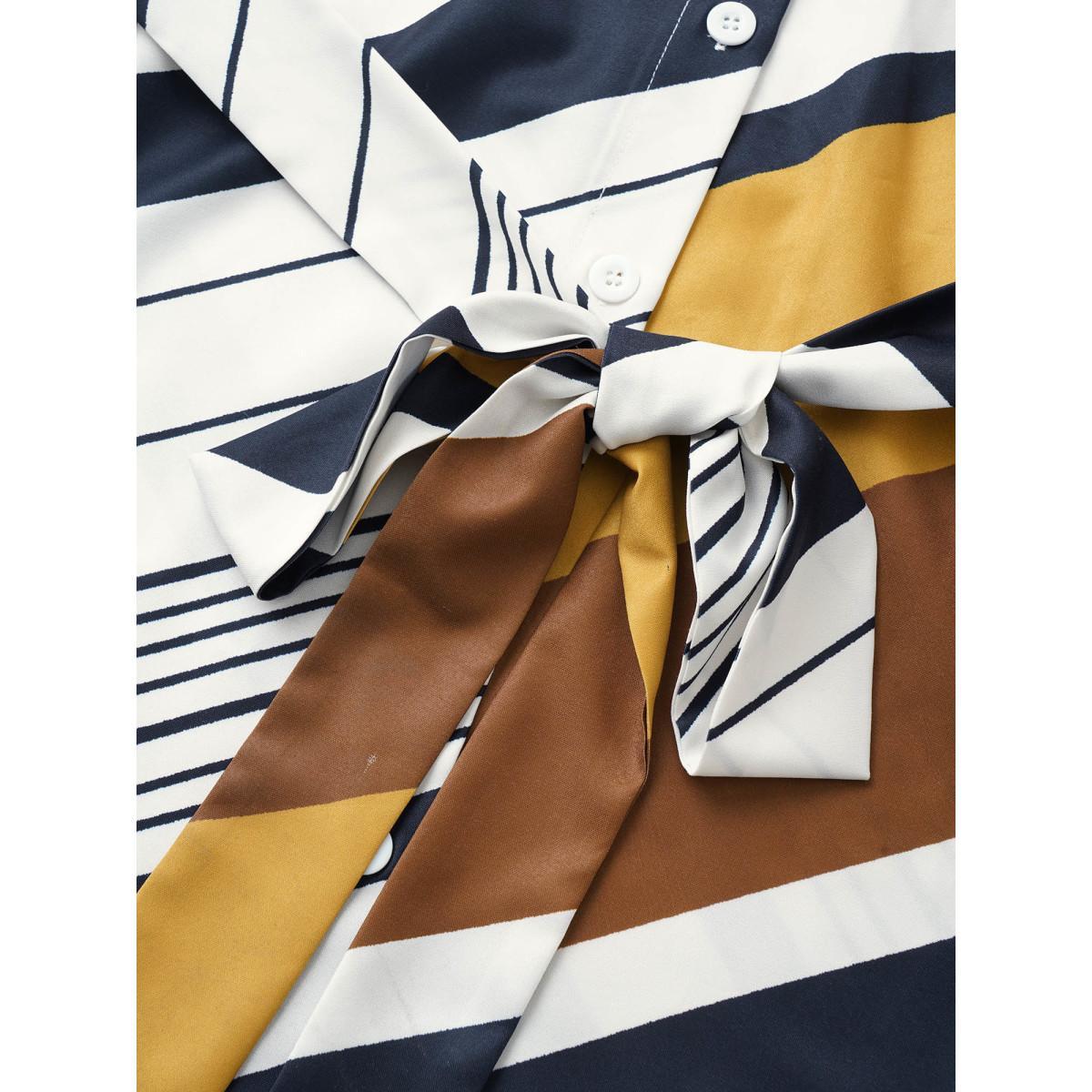 Plus Size Striped Colorblock Contrast Belted Dress Yellow Women At the Office Non Shirt collar Long Sleeve Curvy Midi Dress BloomChic 14-16/1X Product Image