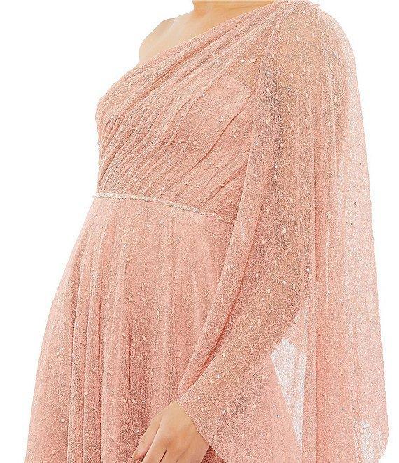 Mac Duggal Lace Asymmetrical One Shoulder Overlay Flutter Sleeve A-Line Gown Product Image