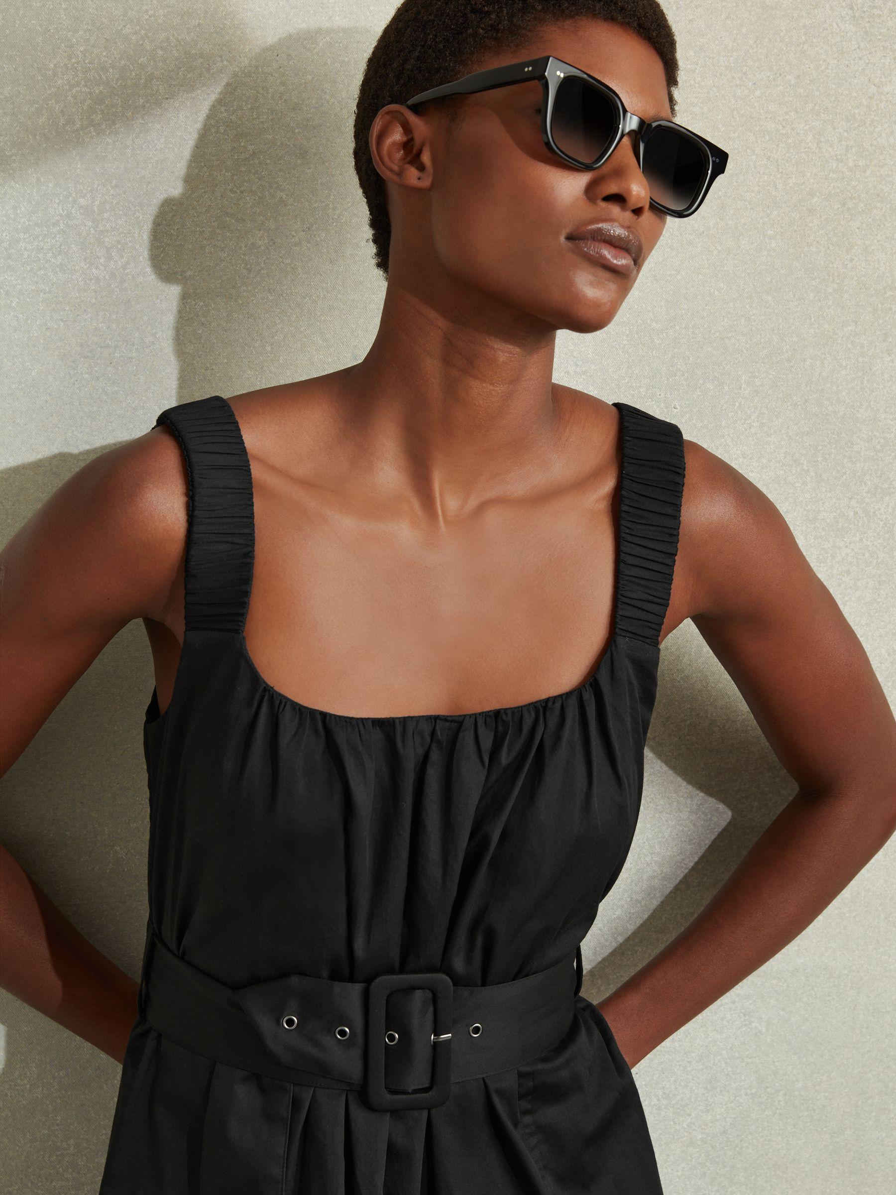 Cotton Ruched Strap Belted Midi Dress in Black Product Image