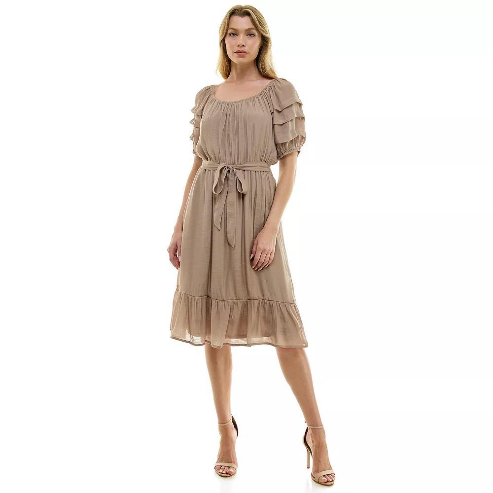 Women's Luxology Pleated Sleeve Belted Midi Dress, Size: Medium, Brown Product Image