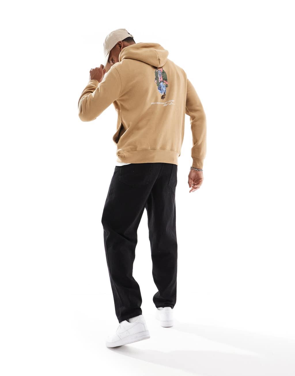 Polo Ralph Lauren explorer bear back print fleece hoodie in camel Product Image