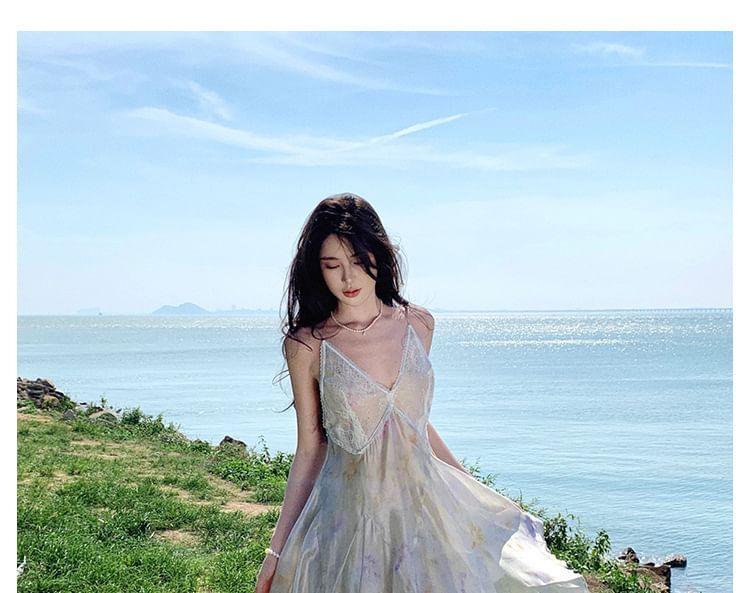 Spaghetti Strap V-Neck Tie Dye Asymmetrical Layered Open Back A-Line Dress Product Image