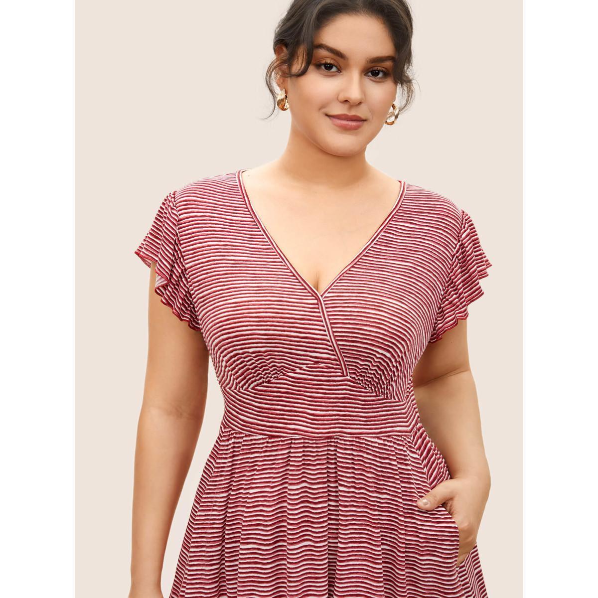 Plus Size Striped Surplice Neck Ruffle Cap Sleeve Dress Russet Women Casual Non Overlap Collar Cap Sleeve Curvy Midi Dress BloomChic 22-24/3X Product Image