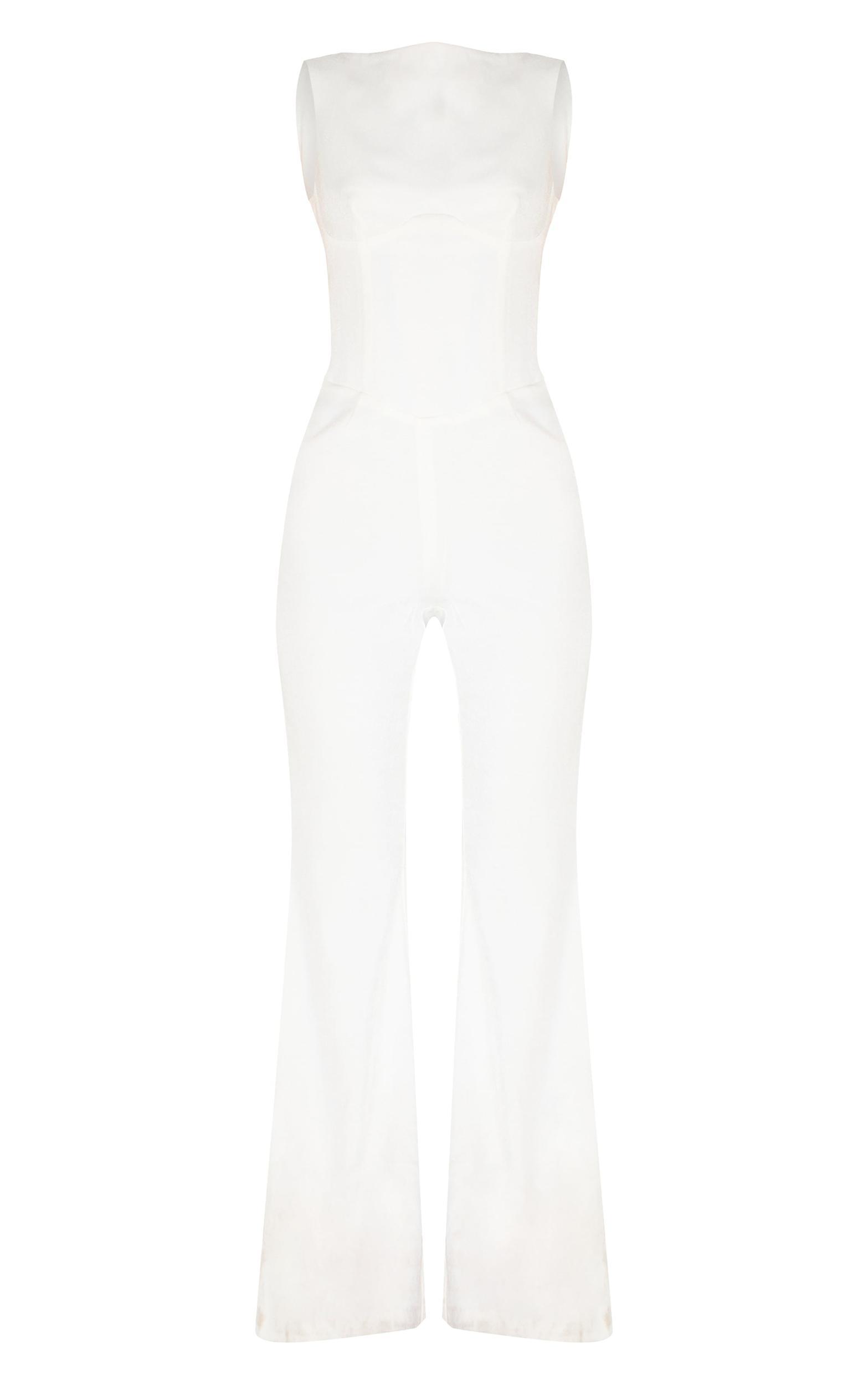 White Structured Woven Plunge Back Corset Straight Leg Jumpsuit Product Image