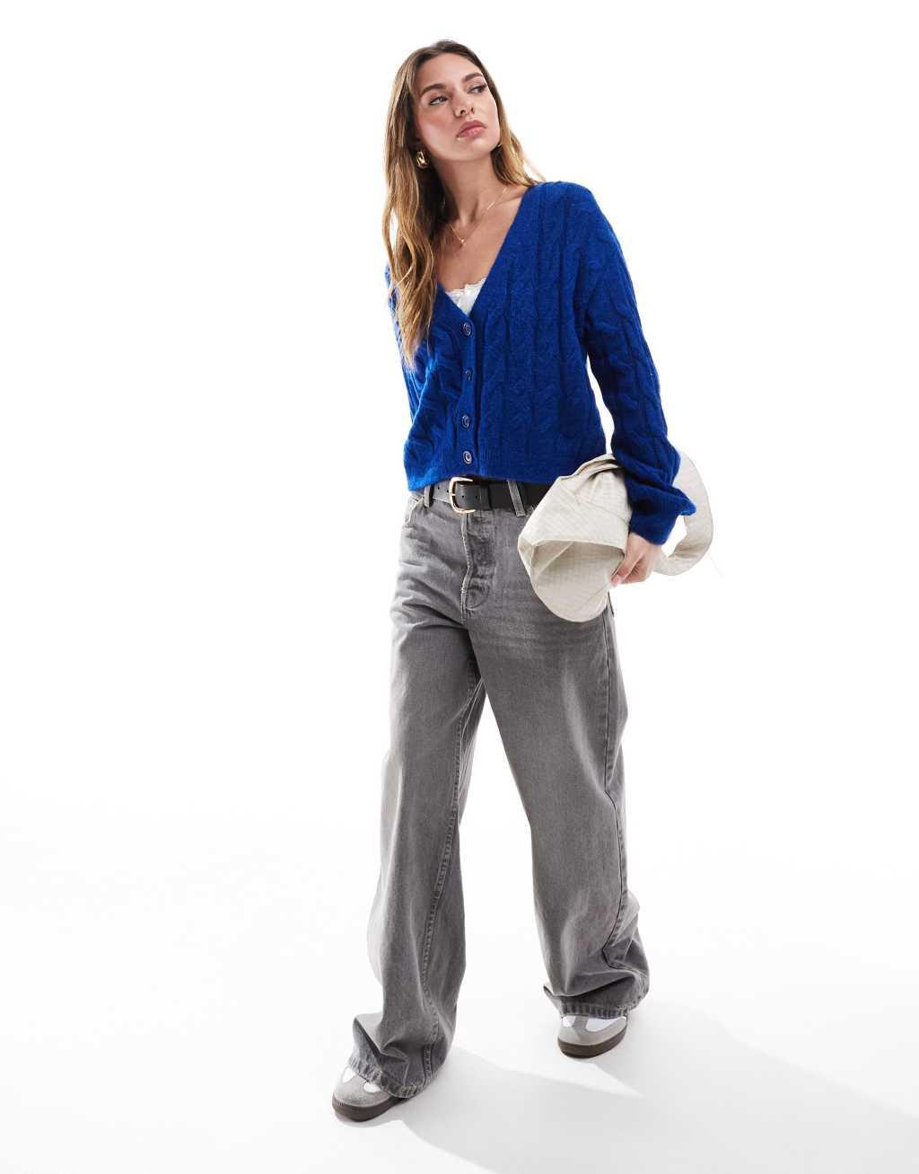 Miss Selfridge chunky cable knit cardigan in bright blue Product Image