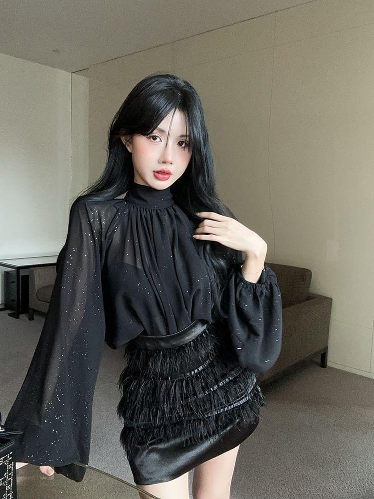 Long-Sleeve Mock Neck Plain Glitter Blouse / High Rise Fringe Mini Pencil Skirt Product Image