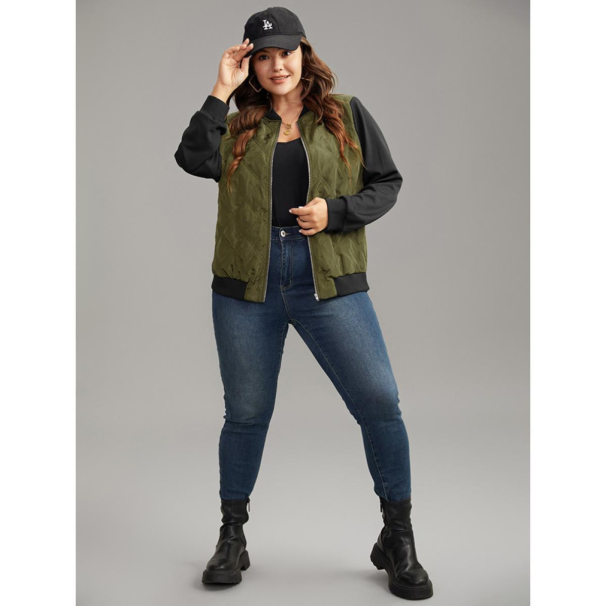 Plus Size Contrast Patchwork Quilted Zipper Bomber Jacket Women ArmyGreen Elastic cuffs Everyday Jackets BloomChic 18-20/2X Product Image
