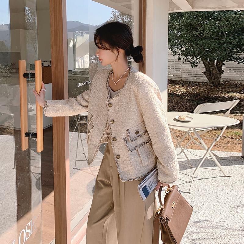 V-Neck Button-Up Plaid Tweed Jacket Product Image