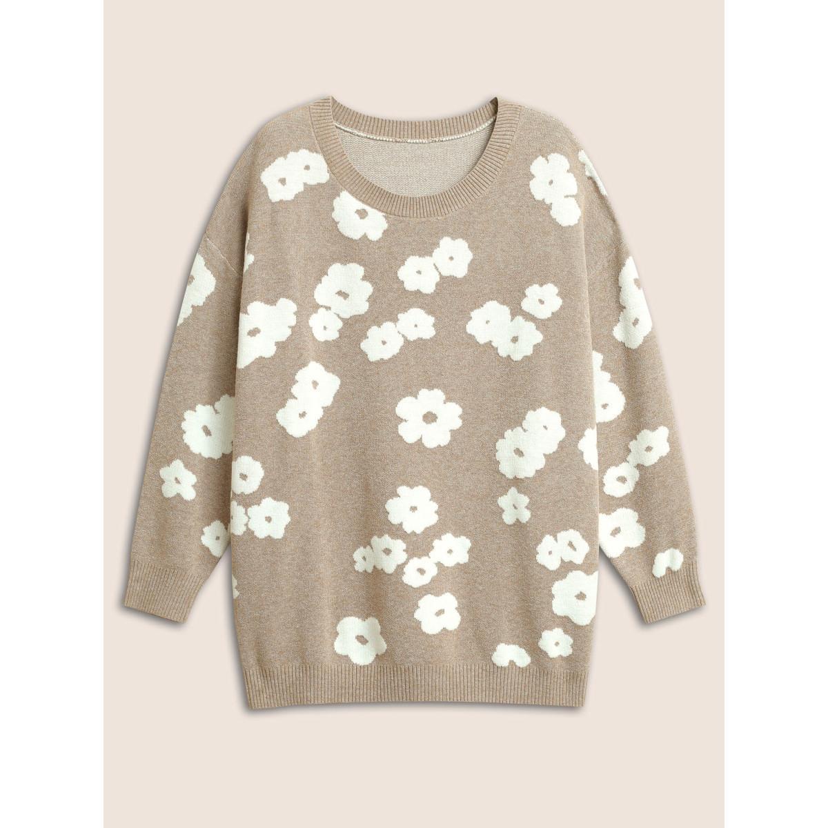Plus Size Supersoft Essentials Floral Jacquard Pullover LightBrown Women Casual Loose Long Sleeve Round Neck Dailywear Pullovers BloomChic 10/M Product Image