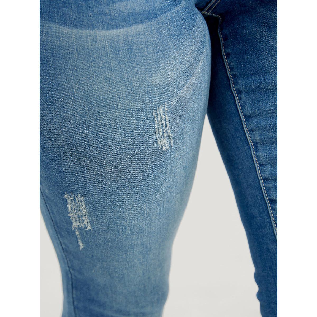 Plus Size Moderately Stretchy High Rise Dark Wash Cropped Jeans Women DarkBlue Casual Plain Medium stretch Side seam pocket Jeans BloomChic 16/1X Product Image