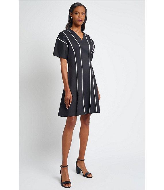 Ming Wang Stretch Cotton V-Neck Elbow Sleeve Fit-And-Flare Contrast Trim Dress Product Image