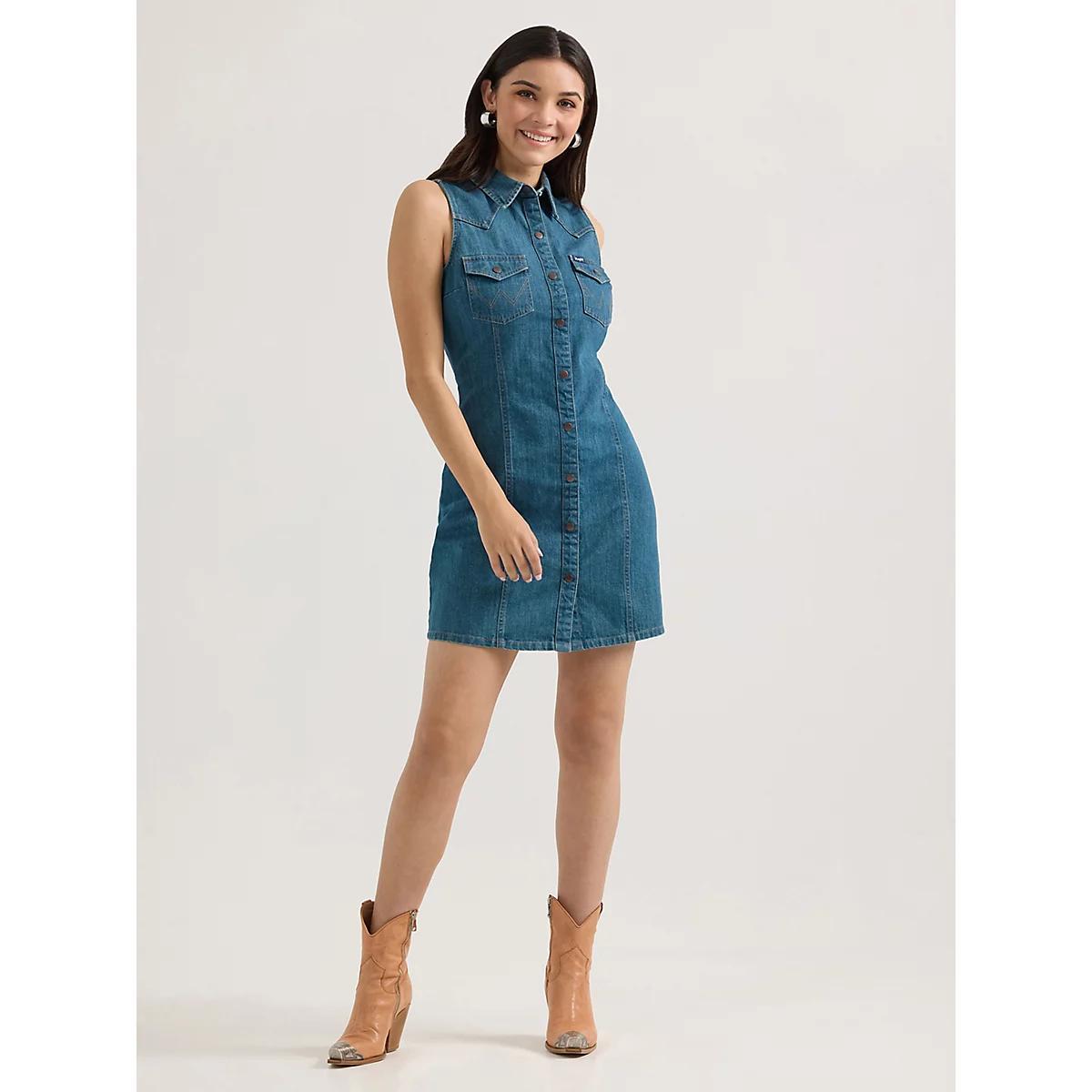 Women's Wrangler Sleeveless Western Snap Shirt Dress in Dark Wash Product Image