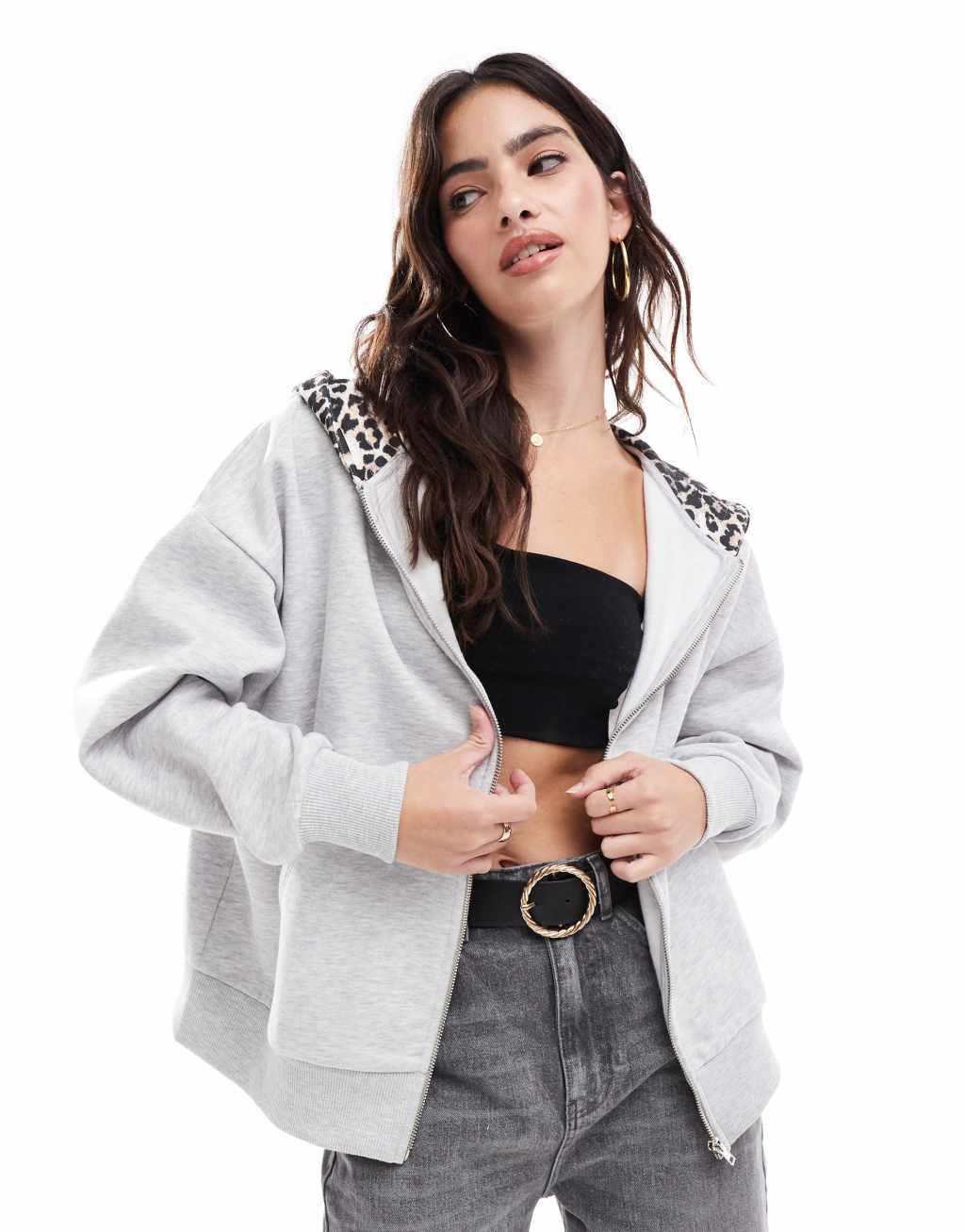 ASOS DESIGN oversized zip through hoodie with leopard hood in ice heather Product Image