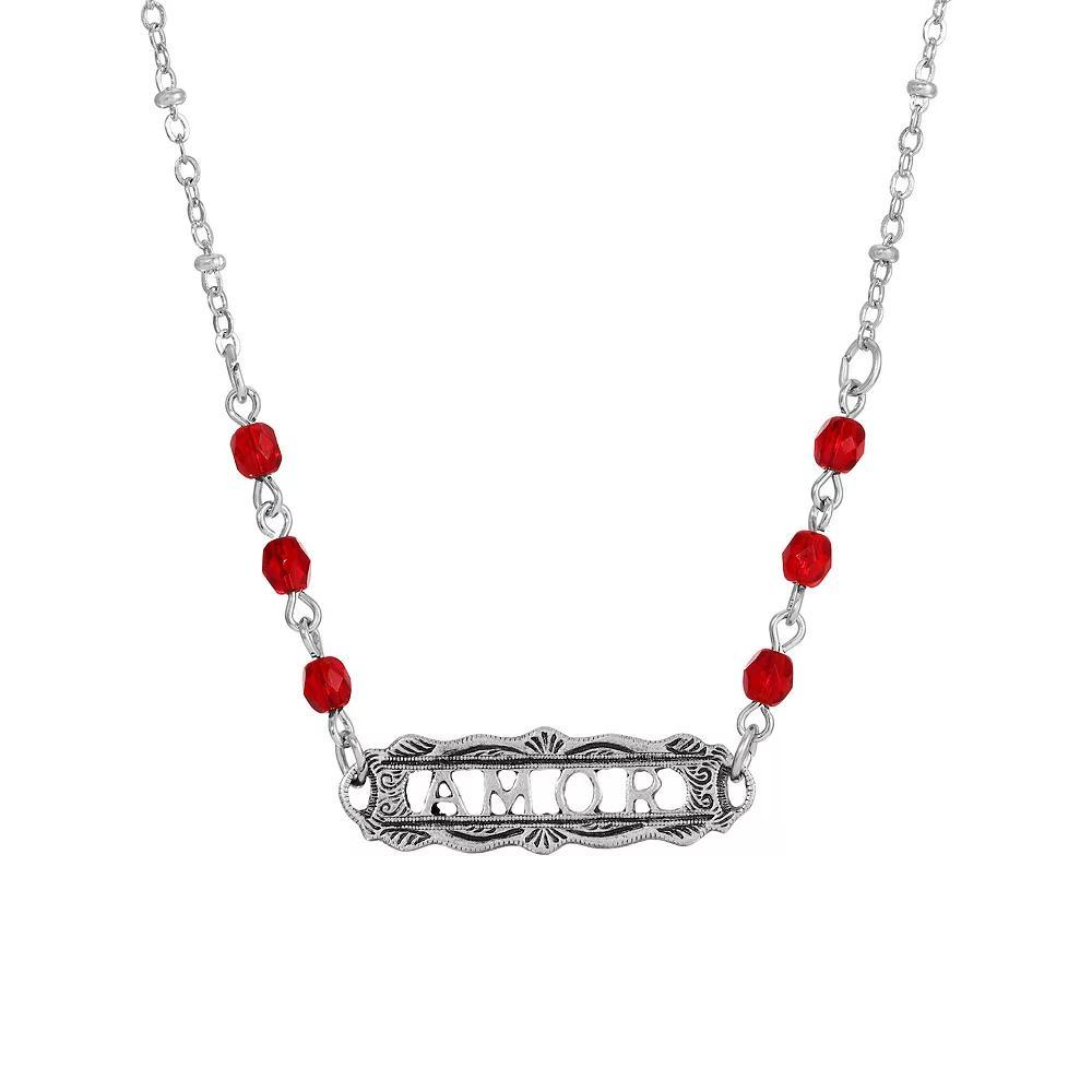 1928 Pewter Red Beaded Amor Necklace, Womens Product Image