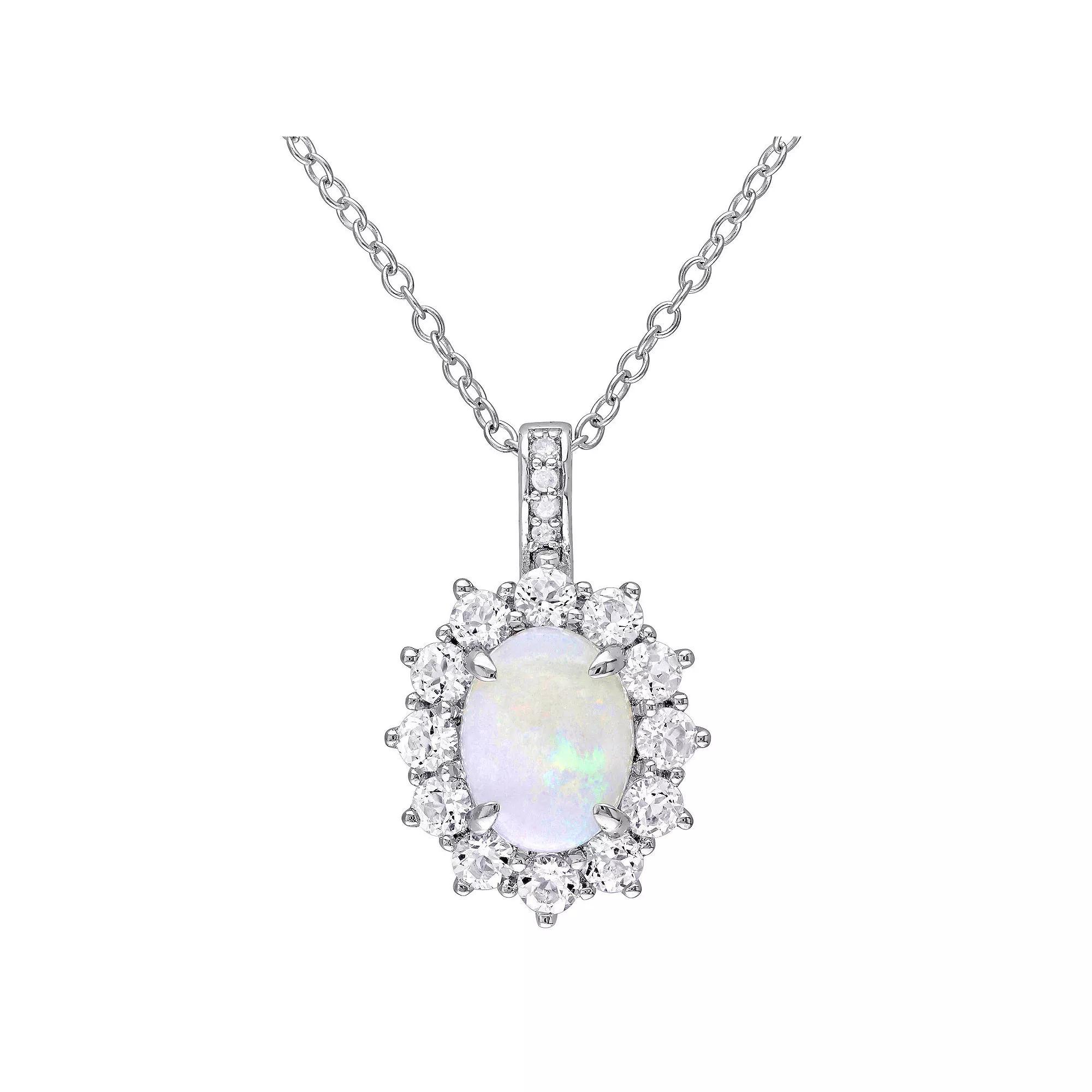 Stella Grace Sterling Silver Opal, White Topaz & Diamond Accent Halo Pendant Necklace, Women's, Size: 18" Product Image
