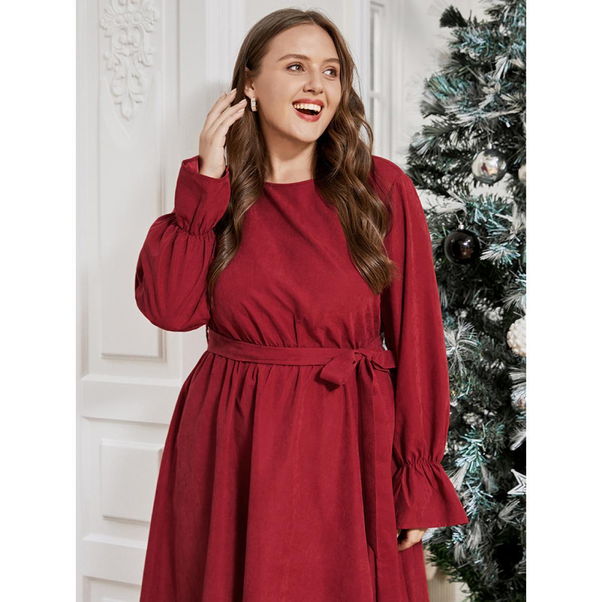 Plus Size Solid Round Neck Pocket Belted Lantern Sleeve Dress Scarlet Women Dating Round Neck Long Sleeve Curvy Midi Dress BloomChic 22-24/3X Product Image