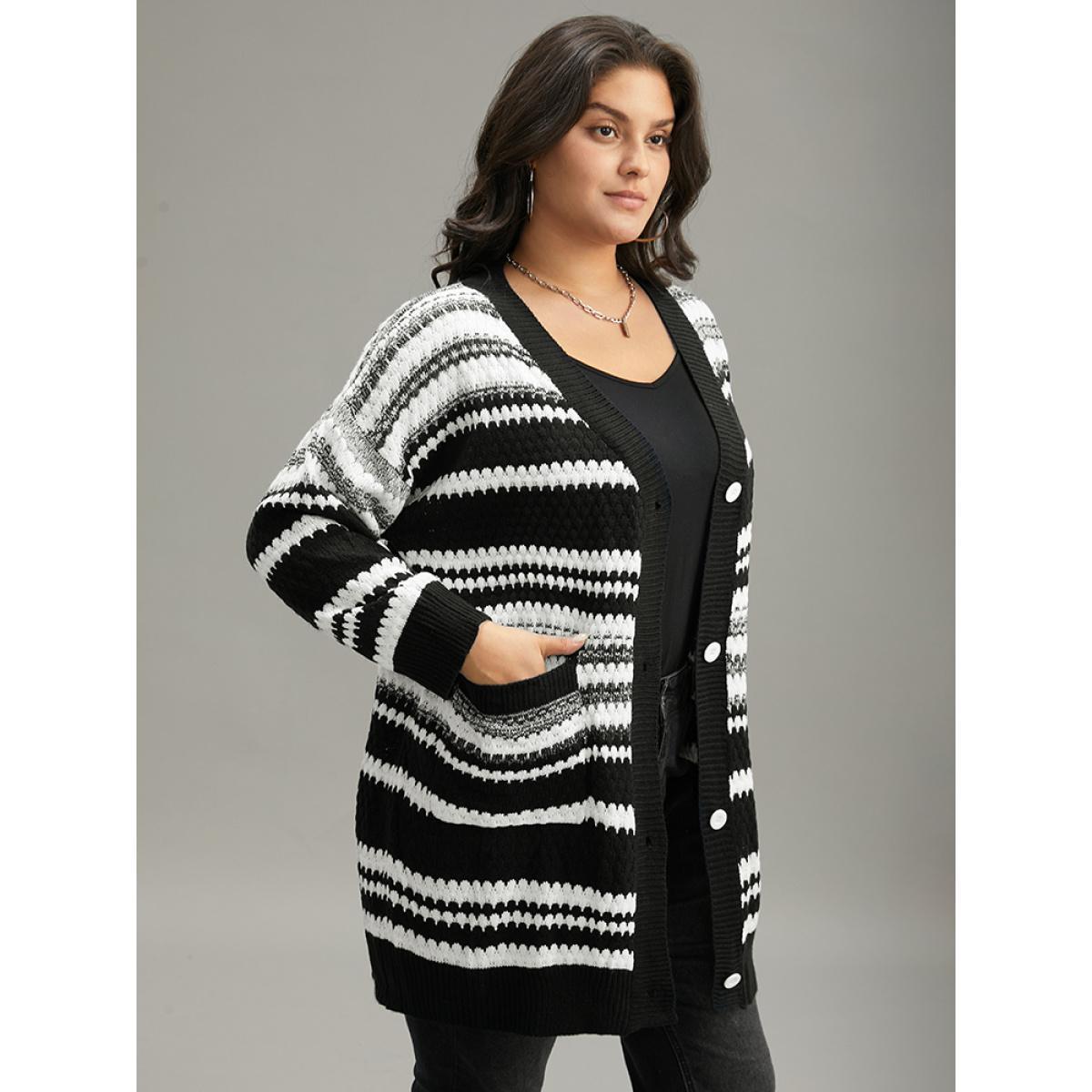 Plus Size Striped Patched Pocket Button Up Cardigan Multicolor Women Casual Loose Long Sleeve Dailywear Cardigans BloomChic 30/6X Product Image