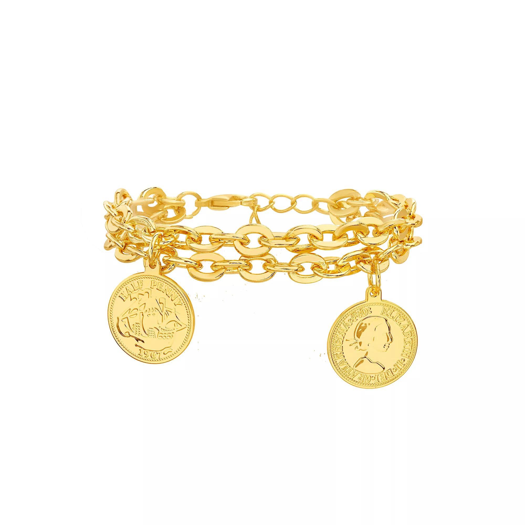 Paige Harper 14k Gold Plated Double Oval Link Bracelet with Coin Charms, Womens Gold Tone Product Image