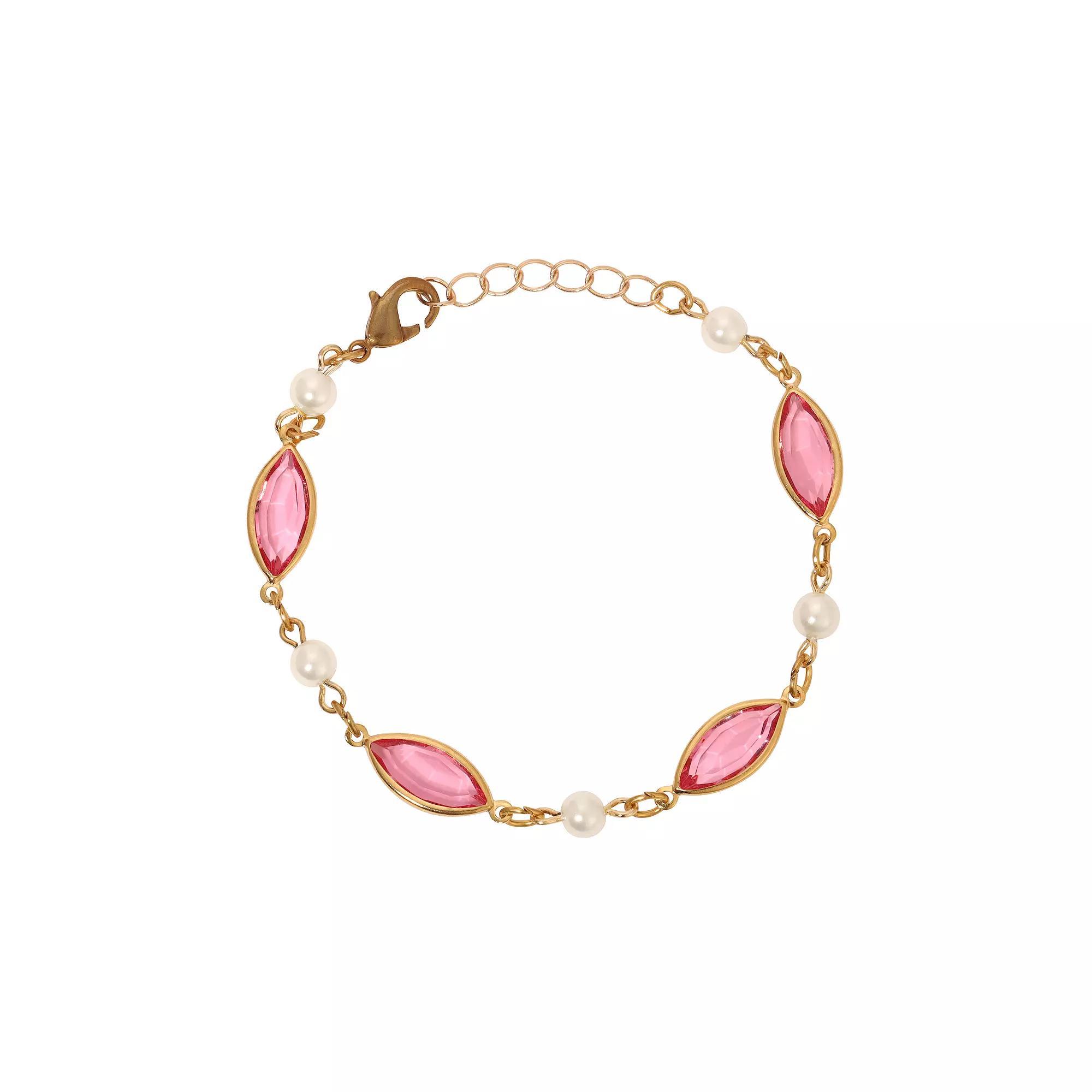 1928 Gold Tone Pink Crystal Faux Pearl Bead Bracelet, Womens Product Image