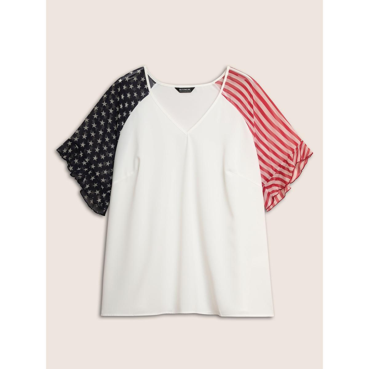 Plus Size Originalwhite Star & Striped Ruffles Raglan Sleeve Blouse Women Casual Short sleeve V-neck Everyday Blouses BloomChic 18-20/2X Product Image