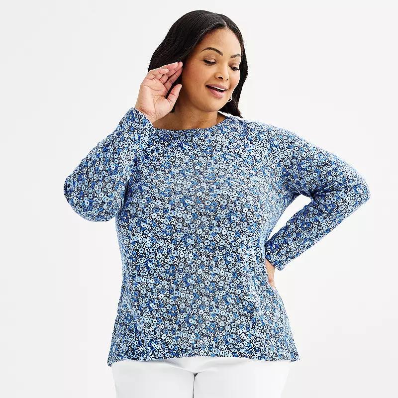 Plus Size Croft & Barrow® Essential Crewneck Long Sleeve Tee, Women's, Size: 1XL, Navy Night Red Product Image