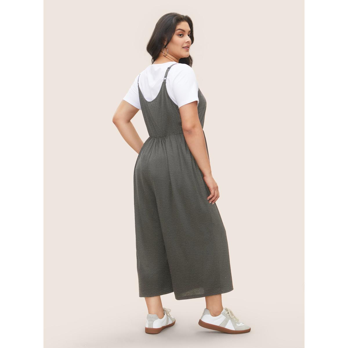 Plus Size DarkGray Solid Button Detail Gathered Jumpsuit Women Casual Sleeveless Non Everyday Loose Jumpsuits BloomChic 28/5X Product Image