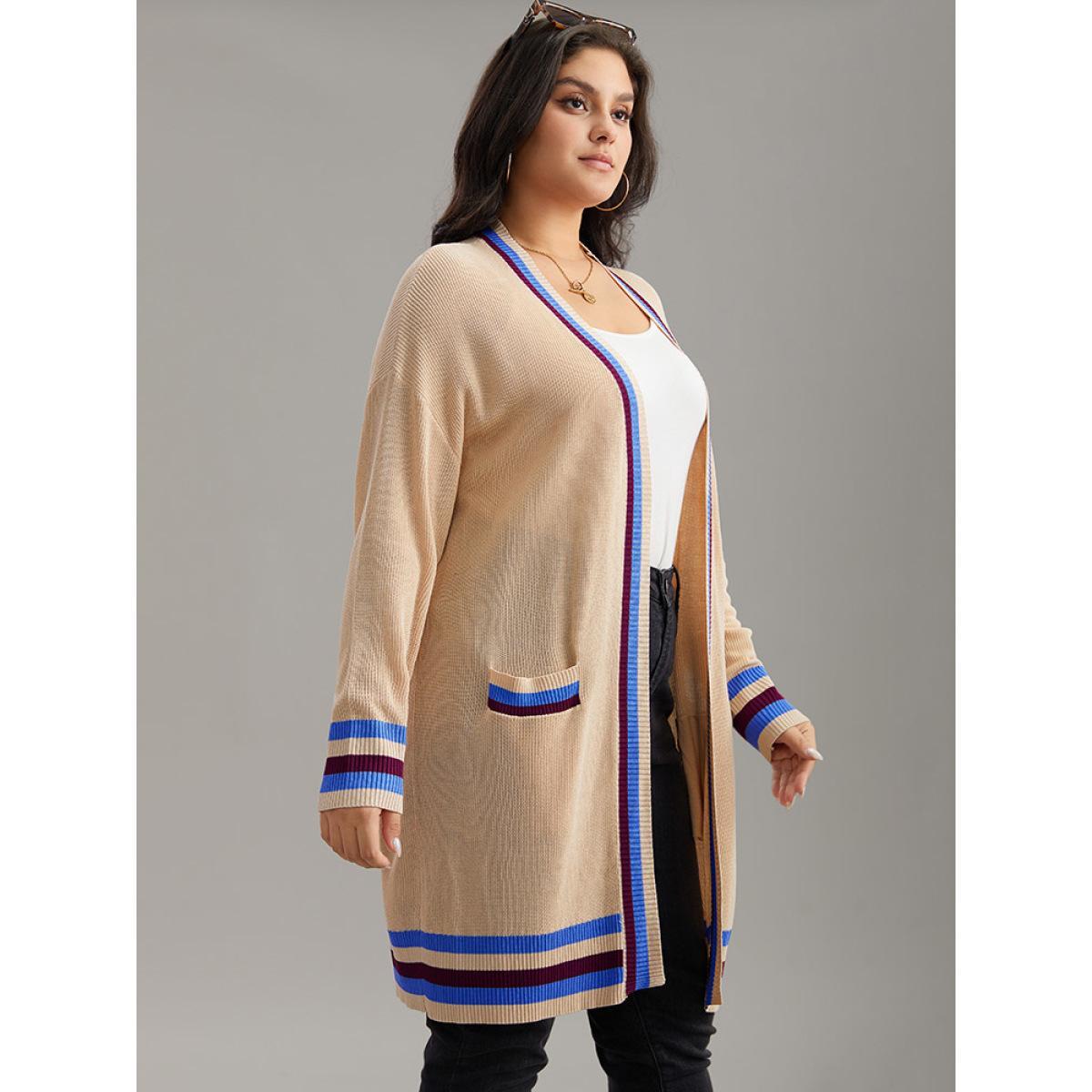 Plus Size Contrast Striped Patched Pocket Drop Shoulder Cardigan Champagne Women Casual Loose Long Sleeve Dailywear Cardigans BloomChic 18-20/2X Product Image