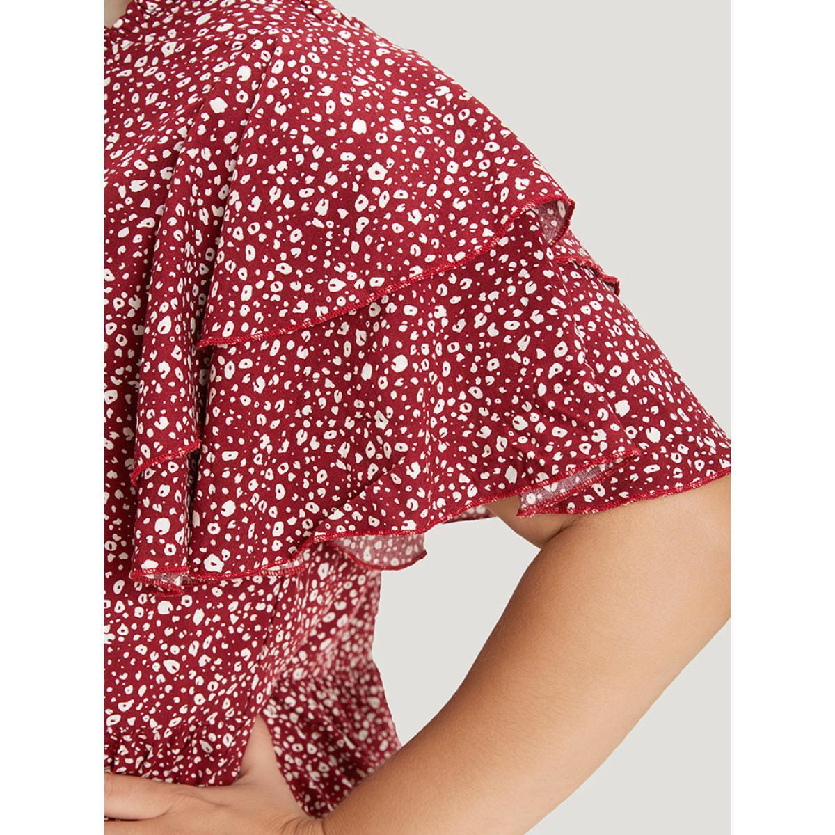 Plus Size Burgundy Leopard Print Frill Trim Ruffle Layered Sleeve Blouse Women Elegant Short sleeve Stand-up collar Dailywear Blouses BloomChic 10/M Product Image