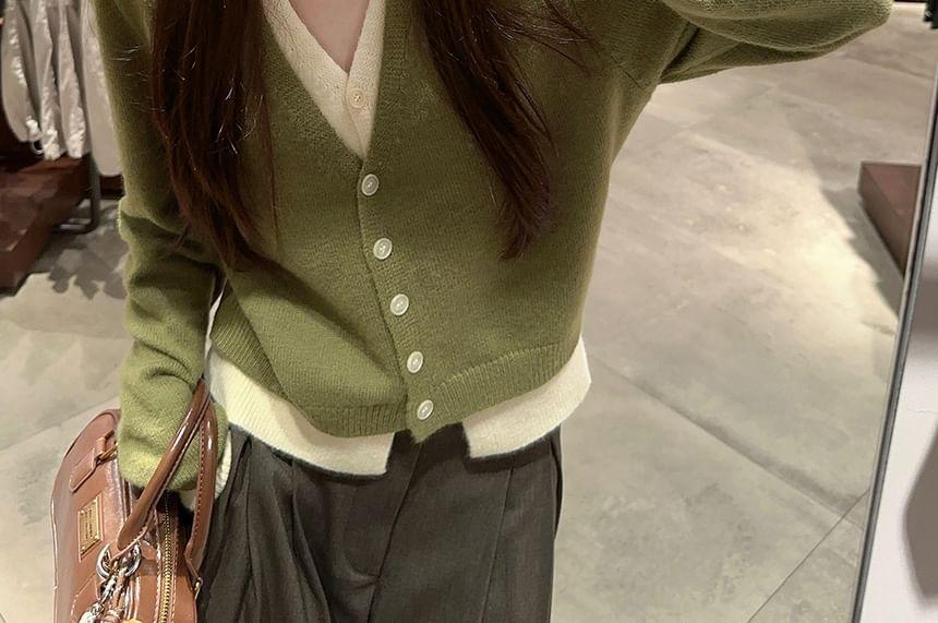 V-Neck Two Tone Mock Two-Piece Cardigan Product Image