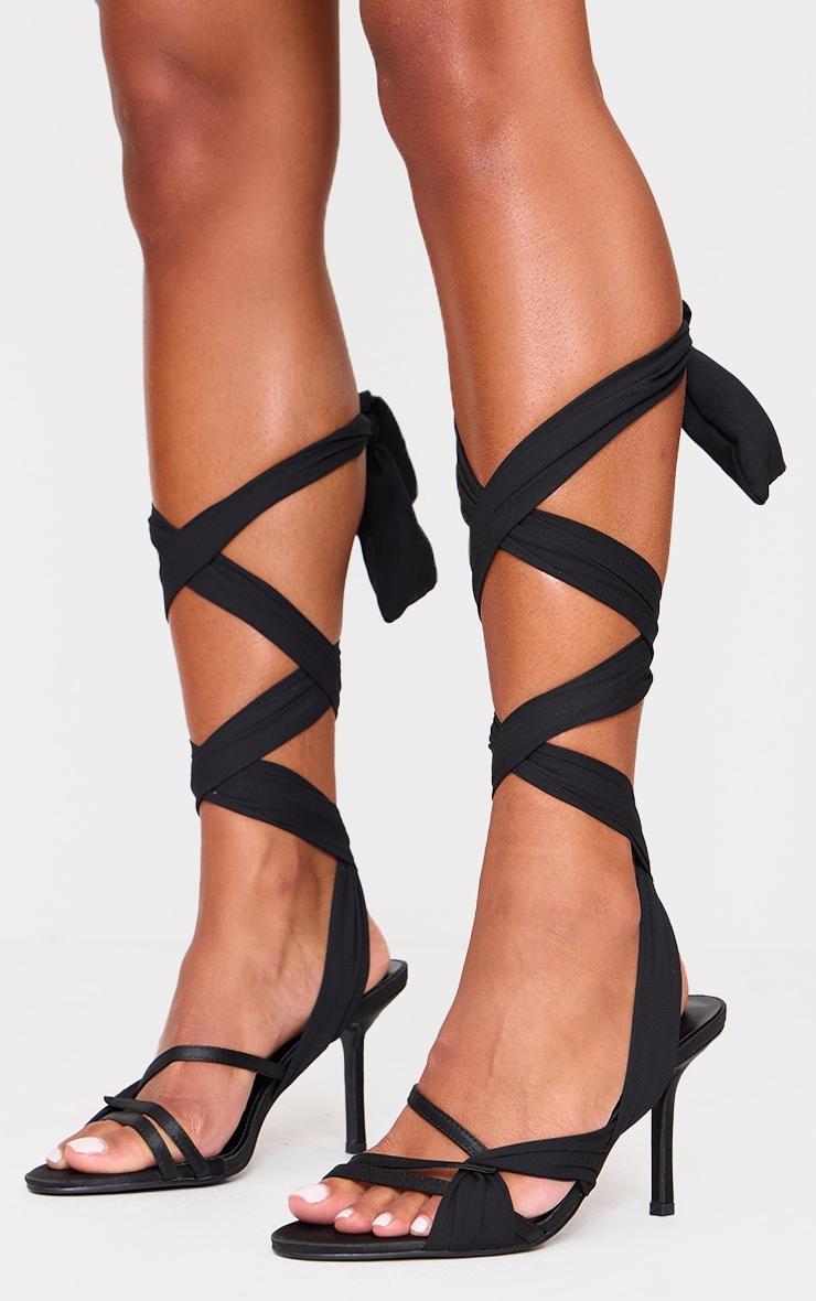 Black Satin Round Toe Lace Up Ribbon Heeled Sandals Product Image