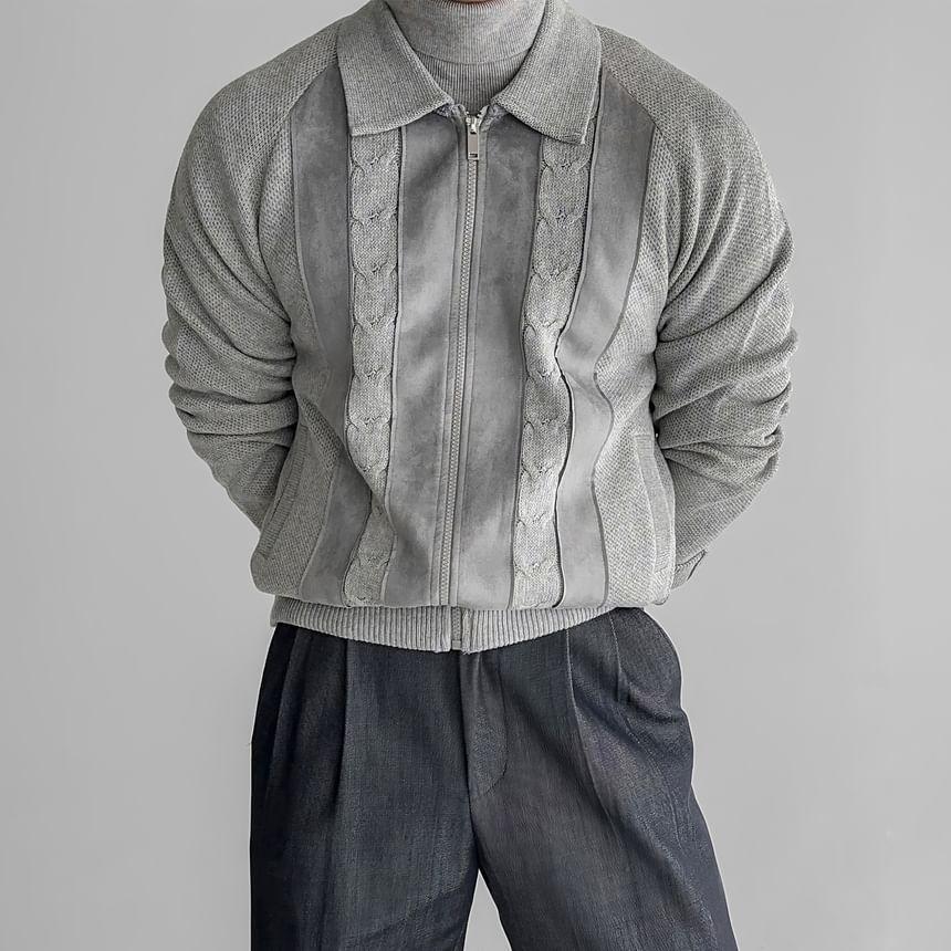 Collared Striped Cable Knit Zip Cardigan Product Image