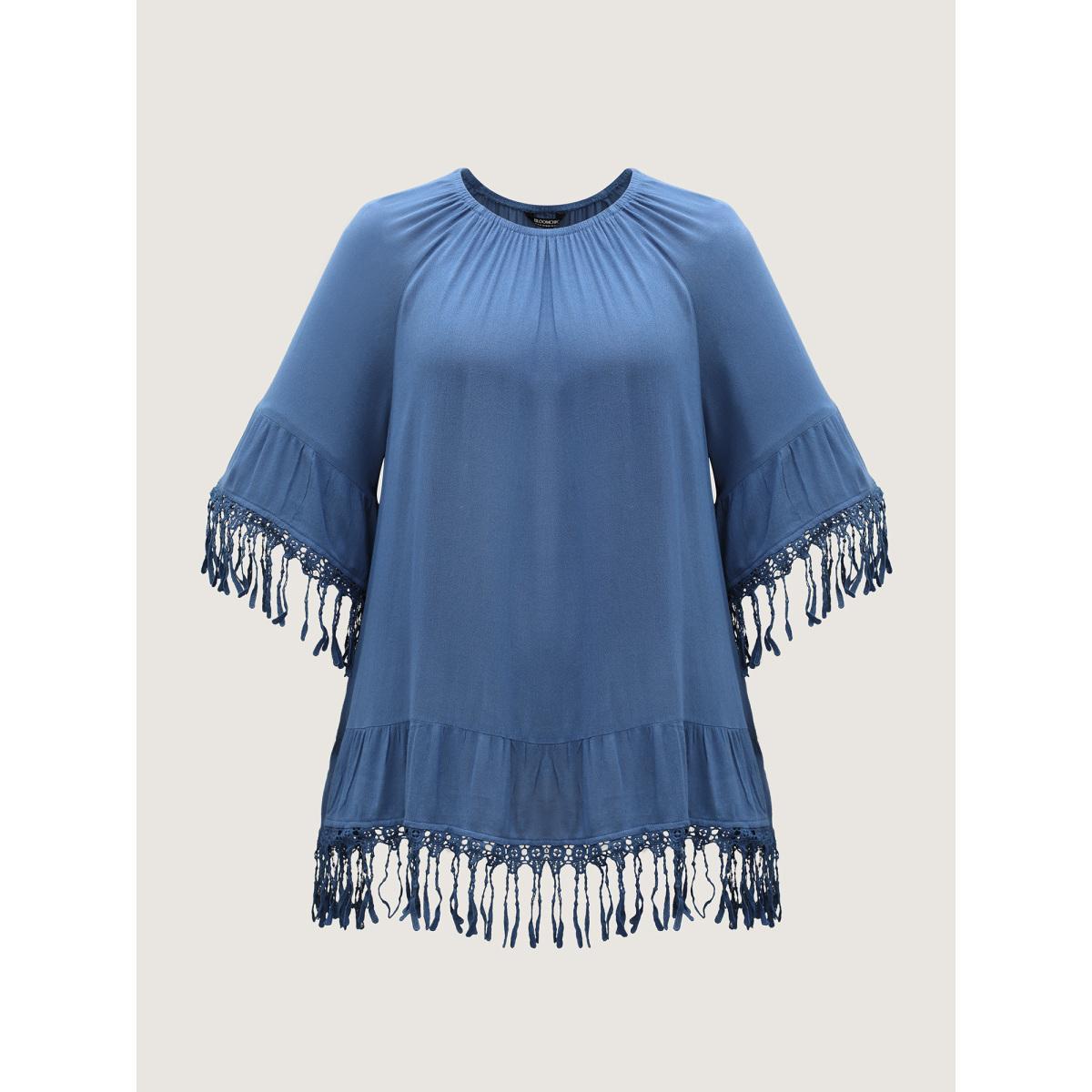 Plus Size Mediumblue Rayon Lace Trim Solid Relaxed Blouse Women Short sleeve Round Neck Everyday-Elegant Blouses BloomChic 30/6X Product Image