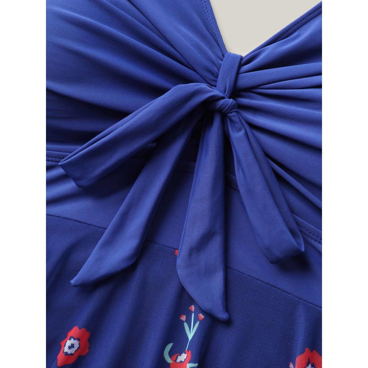 Plus Size Floral Print Mesh Adjustable Bust-Tie Swim Dress Women's Swimwear Indigo Beach Bodycon V-neck High stretch Curve Swim Dresses BloomChic 28/5X Product Image