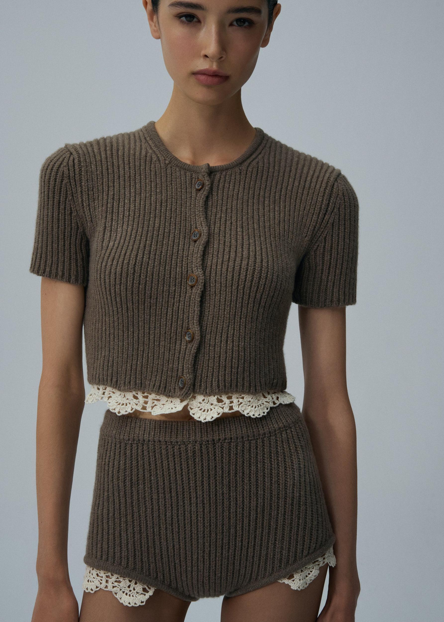 Lace detail ribbed knitwear shorts in beige Product Image