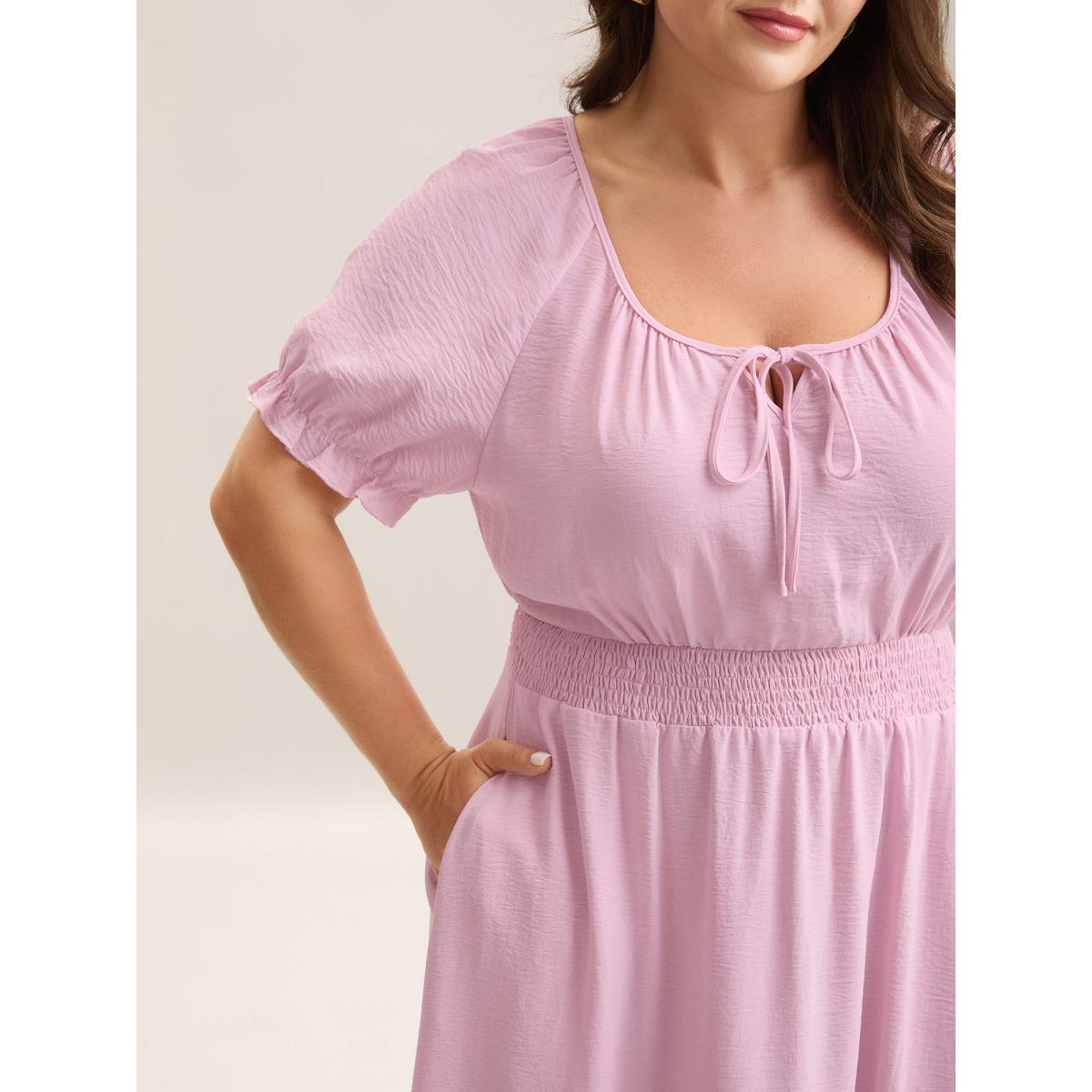 Plus Size Shirred Waist Tiered Hem Milkmaid Dress Blush Women Round Neck Cap Sleeve Curvy BloomChic 14-16/1X Product Image