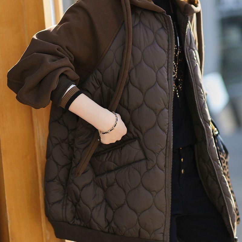 Hooded Plain Quilted Zip Up Jacket Product Image