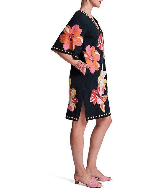 FRANCES VALENTINE Charming Floral Print Split Scoop Neck 3/4 Sleeve Dress Product Image