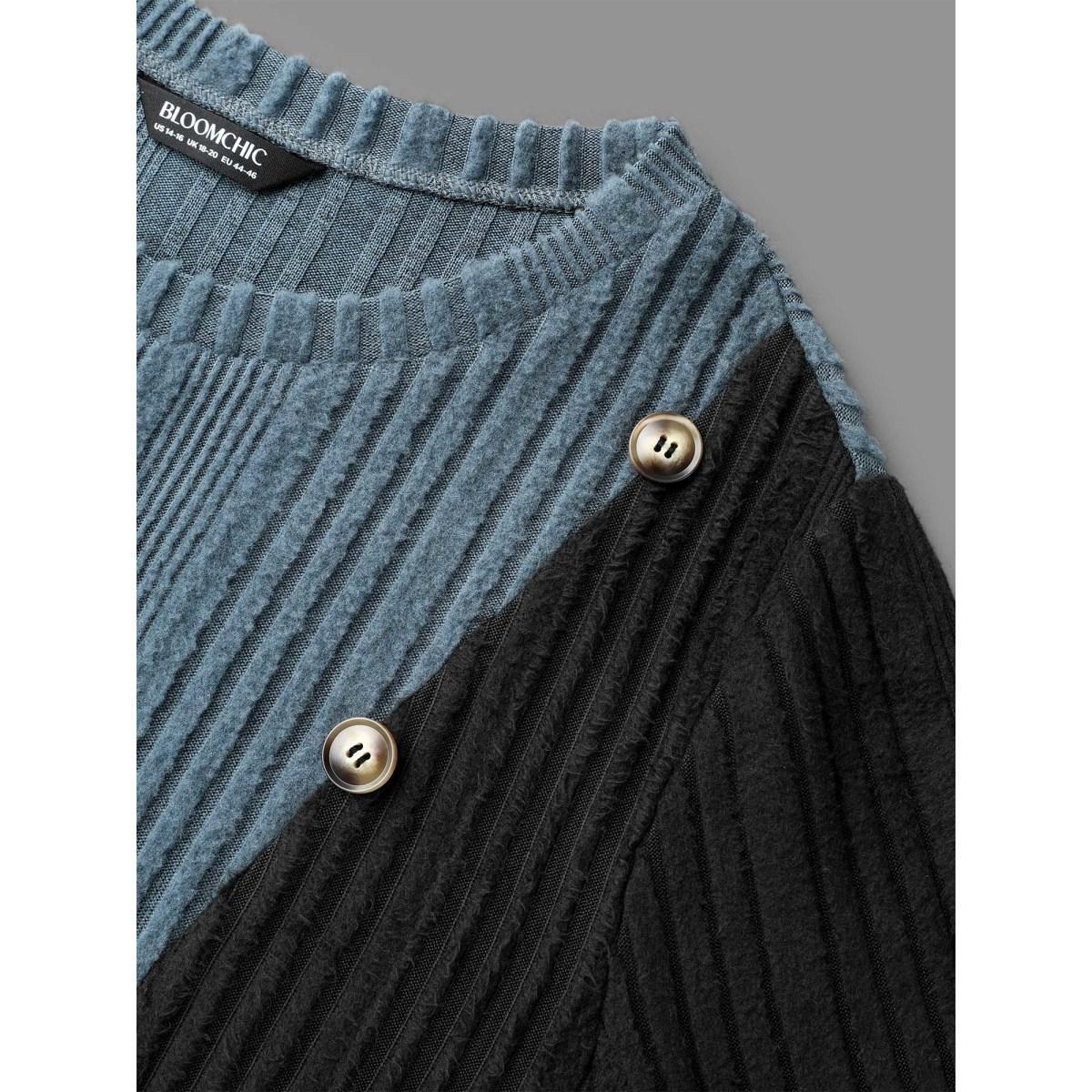 Plus Size Pit Strip Contrast Button Detail T-Shirt SlateGray Women Casual Texture Round Neck Everyday T-shirts BloomChic 18-20/2X Product Image